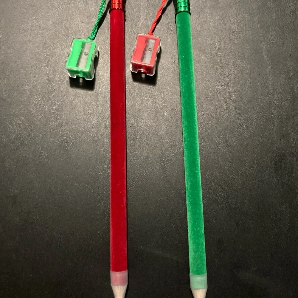 2 Pc  Large  Christmas Holiday 12 Inch Velvety Pencils With Sharpeners, Rare